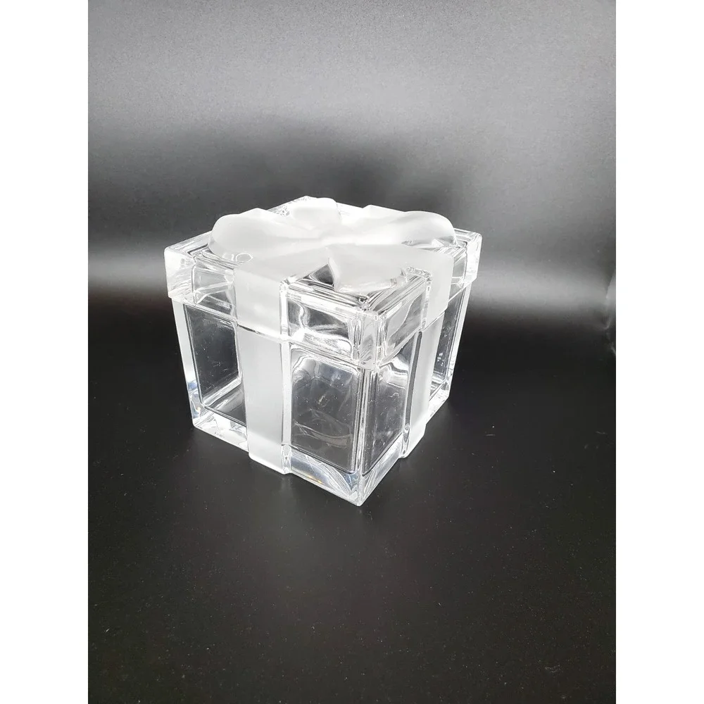 Vintage Crystal Glass Large Trinket Box W/Bow On‎ Top Clear Glass Heavy